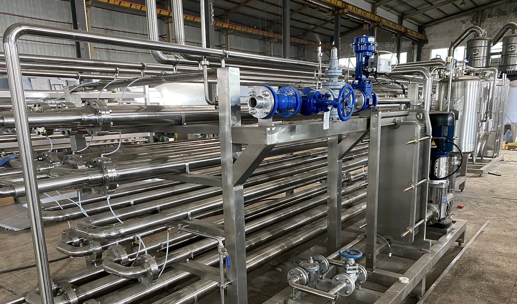 Real tubular sterilization bank with sanitary piping and heat exchanger sections